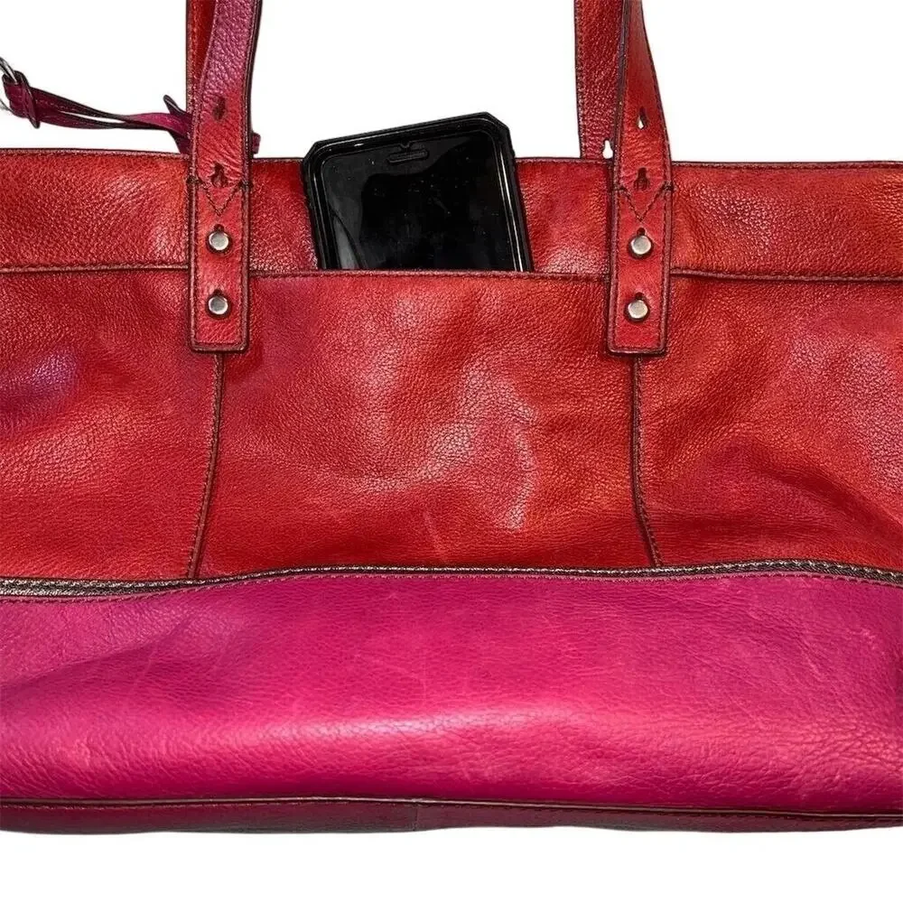 Fossil Hunter Leather Tote Bag Pink Red Zip Closure Key Charm Silver Hardware